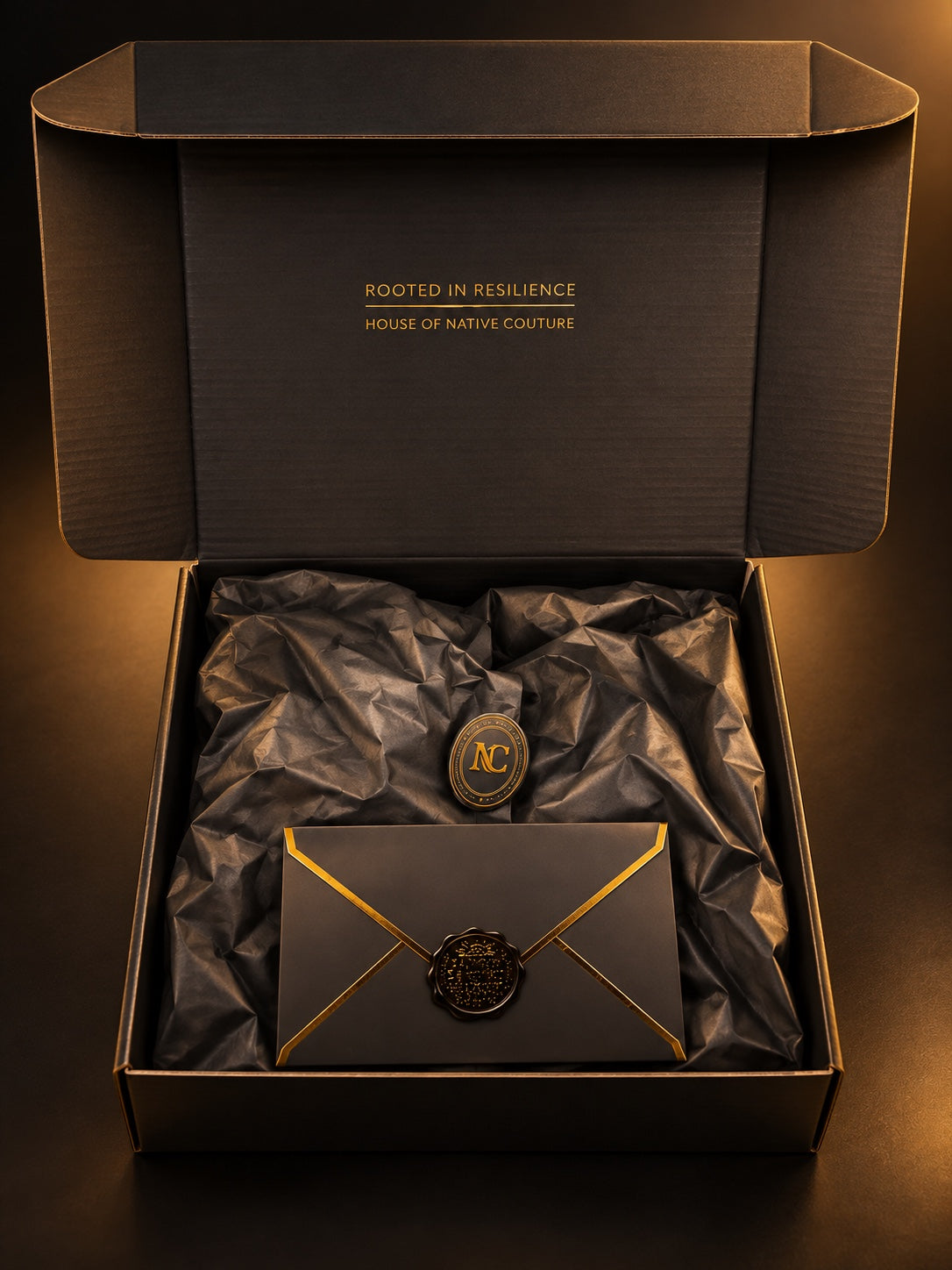 Native Couture open presentation box with black tissue, gold NC seal, and black-and-gold sealed envelope