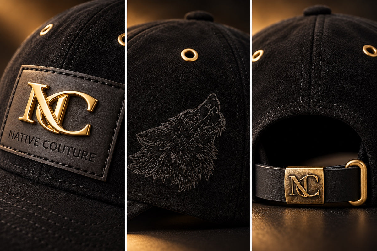 Sovereign black suede cap details: gold NC front emblem, wolf side detail, and adjustable leather back strap