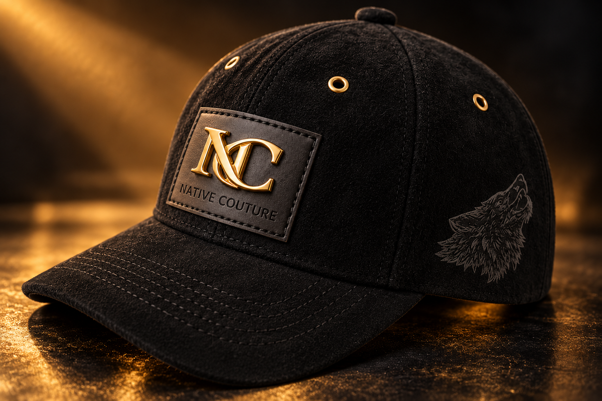 Sovereign Founder’s Edition black suede cap, three-quarter view with gold NC emblem and wolf detail