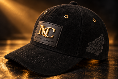 Sovereign Founder’s Edition black suede cap, three-quarter view with gold NC emblem and wolf detail